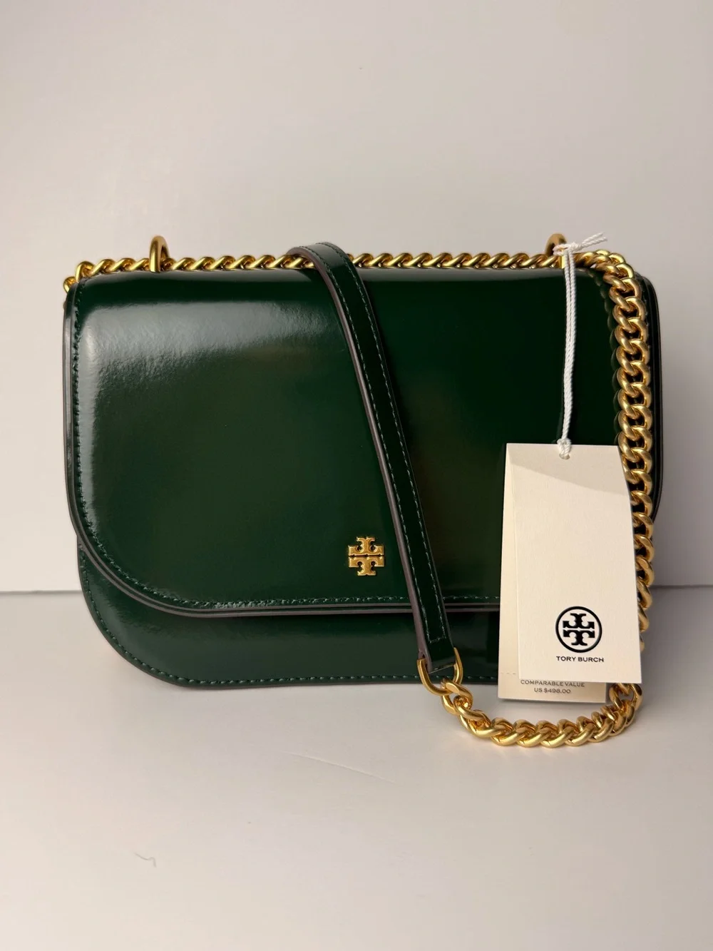 Tory Burch Emerson Patent Flap Adjustable Shoulder Bag Pine Tree Green / Gold